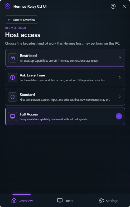 Hermes-Relay CLI UI host access presets